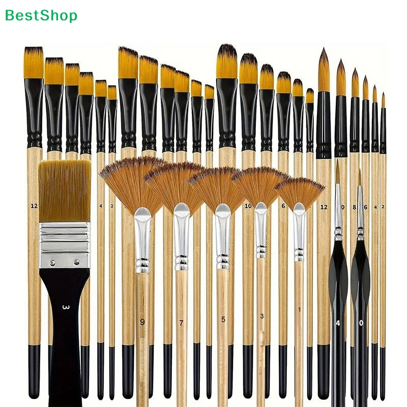 ♬ 32-teiliges Pinselset, professionelle Nylon-Kunstpinsel für Acryl, Aquarell, Öl, Gouache, mit Fächer-, Flach-, Rund-, Filbert- und Detailpinseln