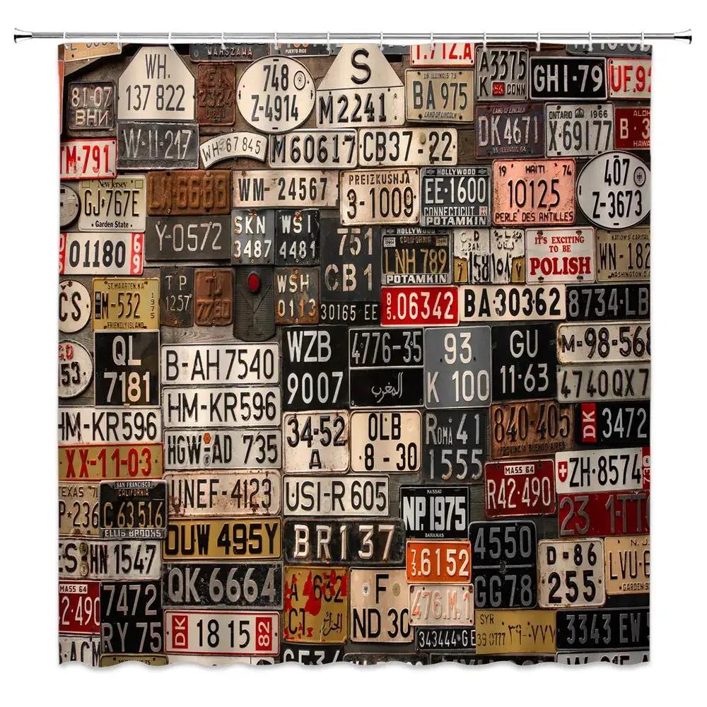 Car License Plate Shower Curtain Old Rusty Metal Sign Retro American Truck Poster Waterproof Bathroom Curtains Decor with Hooks