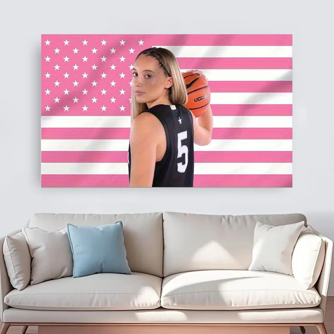 1PC Paige Bueckers US Flag Wall Decor - Flat Print Durable Pink White Stripe Fabric, Perfect for Dorm Porch Indoor, Basketball