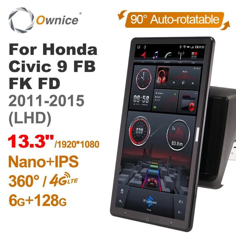 13.3 Inch Ownice 1Din Android 14.0 Car Radio 360 Panorama for Honda Civic 9 FB FK FD 2011 - 2015 Auto Audio SPDIF 4G LTE NO DVD