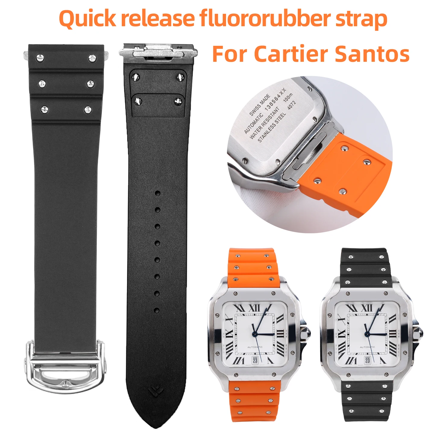 High quality for Cartier specific Sandus quick release fluororubber genuine leather watch strap with stainless steel head grain