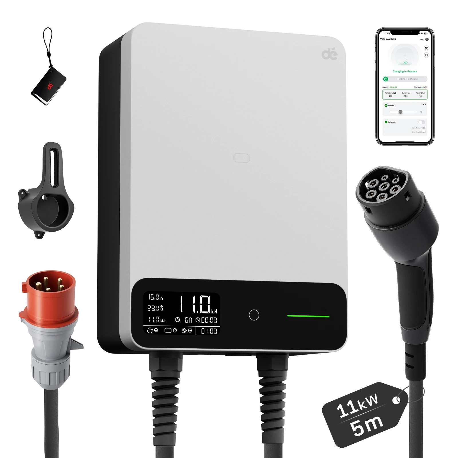 dé Wallbox Typ 2 11kW 16A 3-Phasen-Ladestation mit Tuya Smart App-Steuerung für Elektrofahrzeuge, 5m 7,5m 10m 12,5m 15m EV-Ladekabel
