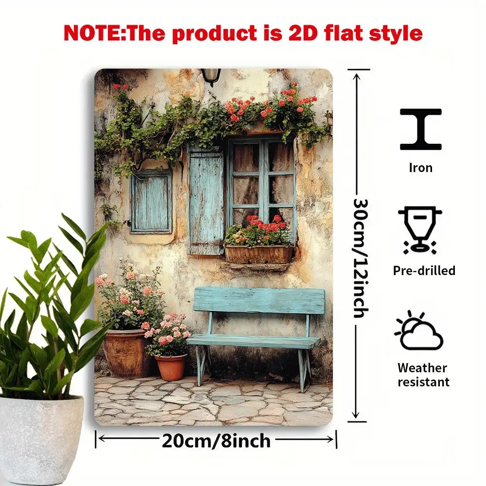 2D Flat, 1pc Vintage Mediterranean Greek Island Turquoise Shutters & Mediterranean Window Metal Tin Sign - 8x12 Inch (20x30cm) R