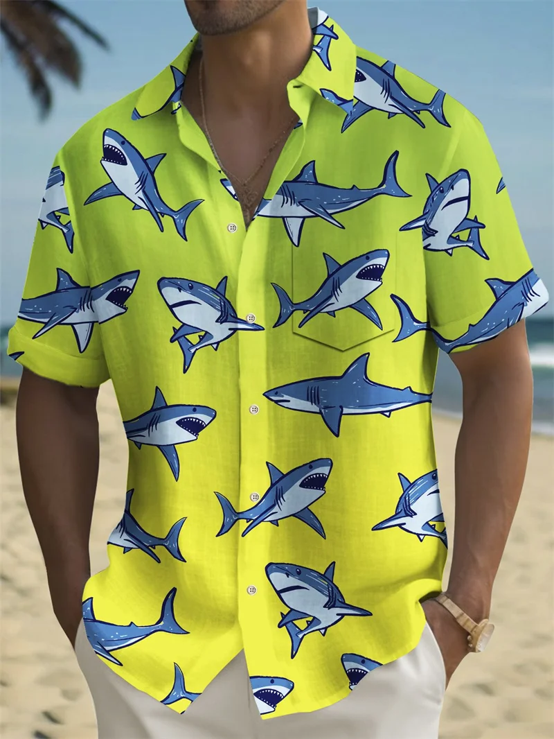 Men\'s 2024 shirt collar fashion Hawaiian shirt short sleeved casual soft men\'s shirt daily shopping social shark picture shirt