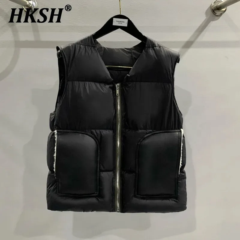 HKSH Autumn Winter Men's Tide Dark V-neck Cotton Jacket Women Splice Fur Patchwork Sleeveless Vest Zipper Chic Down Coats HK2466