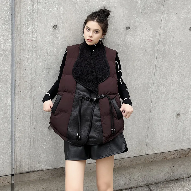 Vefadisa 2024 Autumn Winter New Black Women Parkas Coat V-neck Lamb Wool Splicing Parkas Vest Fashion All-match Parkas ZXY1395A