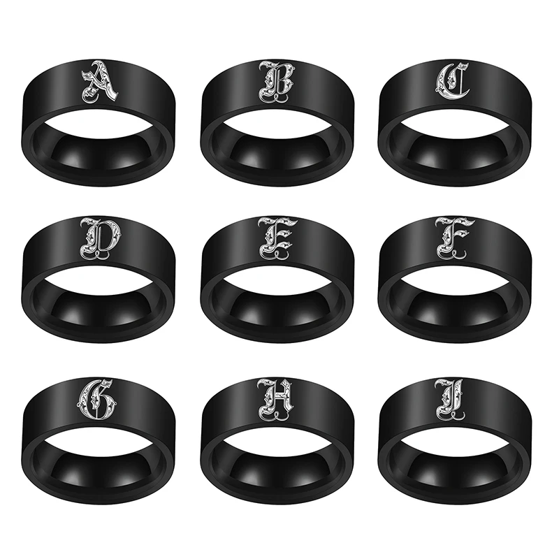 

NUOBING Engrave Initial A to Z Alphabet Stainless Steel Signet Ring High Polished Black Color Tone Fashion Rings Minimalist Gift