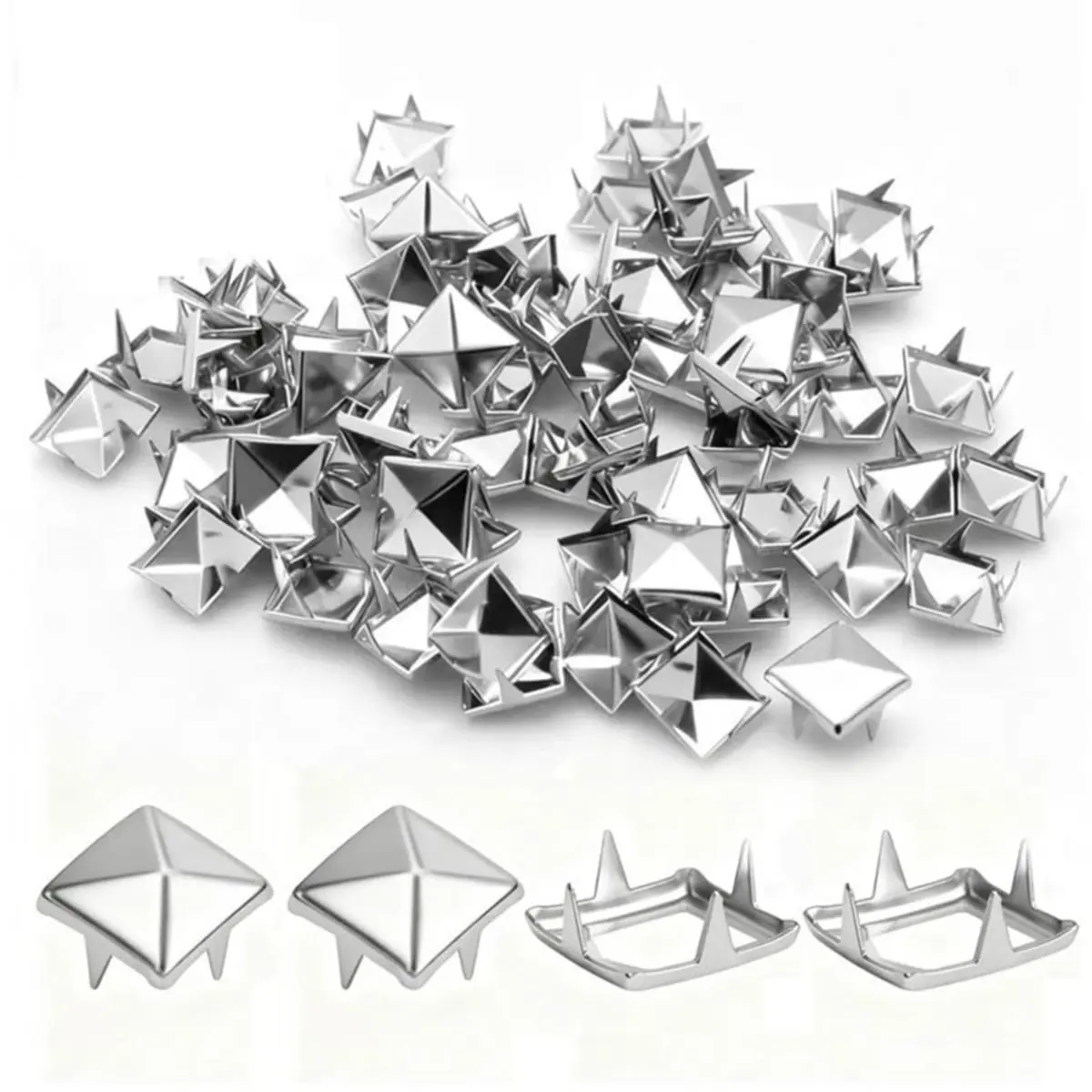 A78I 500PCS 10mm 4-Prong Square Spikes, Silver Metal Pyramid Studs for Crafts, Punk Style Rivets for Clothing Decoration