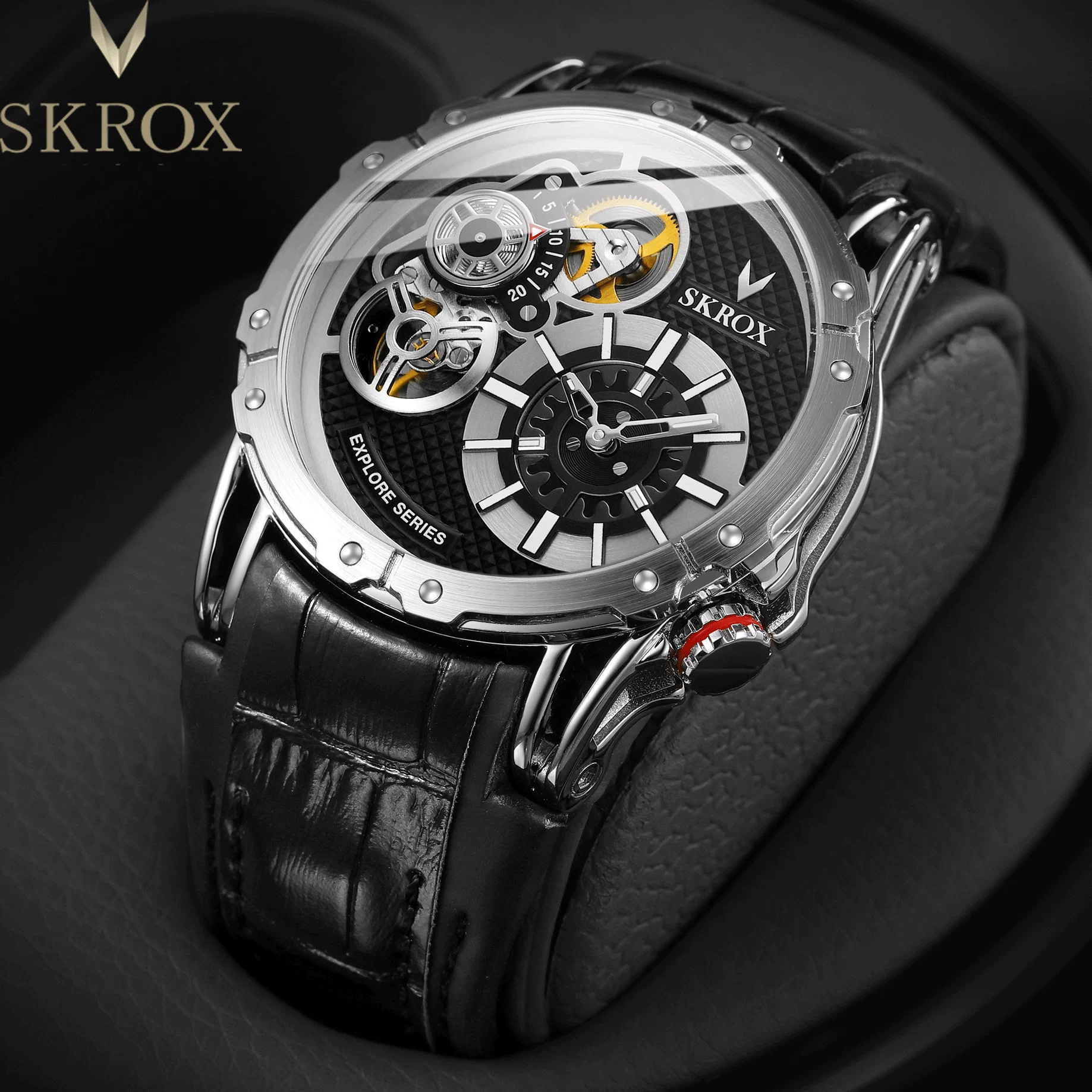 SKROX Punk Style Big Size Rare Dual Movements Automatic Man Watch Tourbillon Original Luxury Sports Rubber Band Wrist Watches