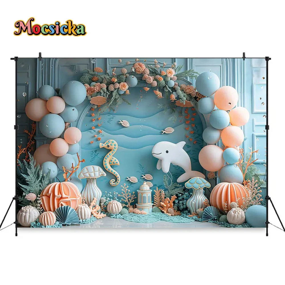 Mocsicka Newborn Baby Show Undersea Background Decor Whale Blue Balloon Backdrop Wallpaper Kids Cake Smash Birthday Photobooth