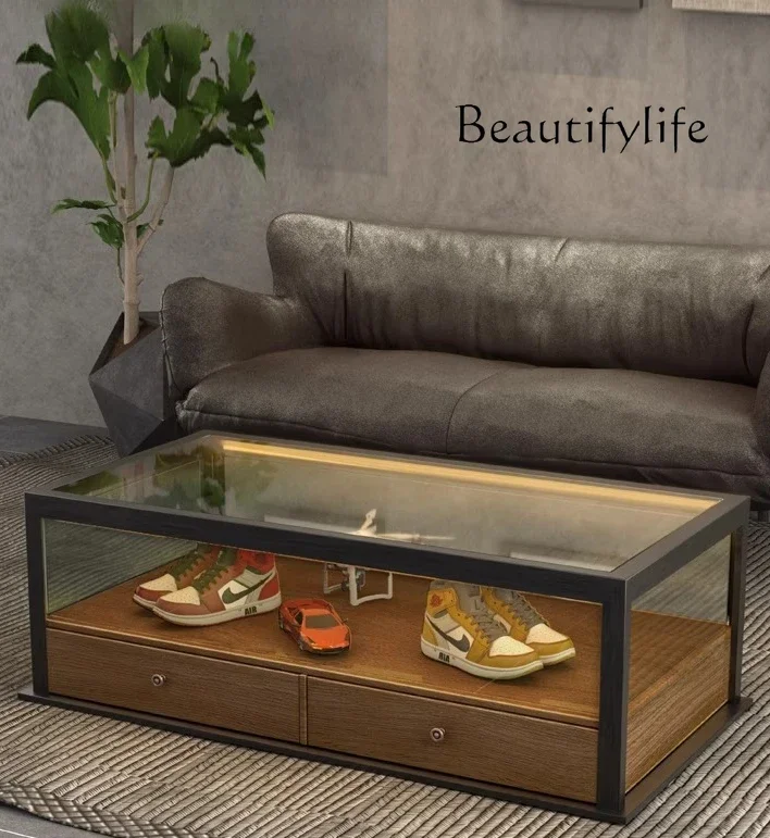 

small apartment living room solid wood coffee table Lego figure display tea table Modern industrial windshield coffee table