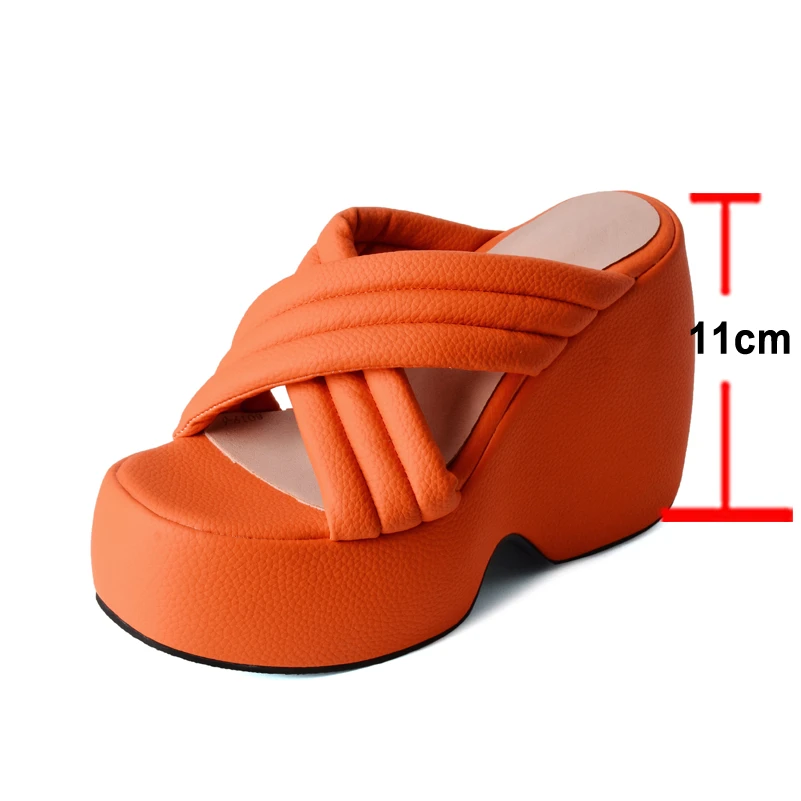 Meotina Women Slides Round Toe Platform Slippers Wedges High Heels Sandals Ladies Fashion Shoes Summer Orange Green Black 43