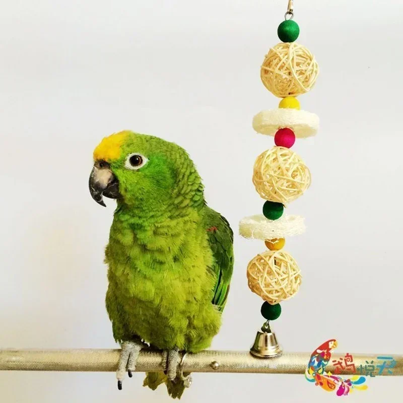 Bird Pet Bites Toy Parrot Macaw Luffa Bell Swing Scratcher Climb Toys Cockatiel Colour Random