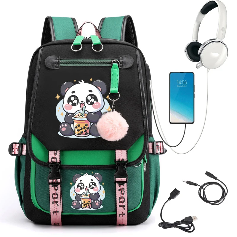 Plecak dla studentów codzienna torba na ramię Panda herbata Boba z Anime Kawaii torba na laptopa z modą podróżną plecak z Usb na laptopa