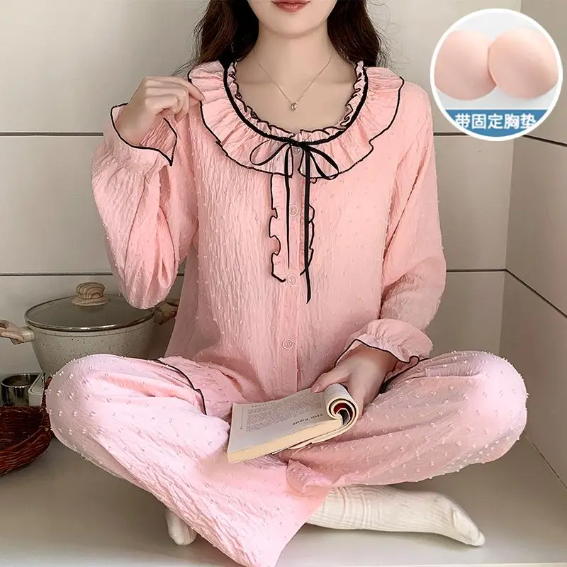

2026 Spring Long Sleeve Cotton Pajama Sets for Women Korean Cute Bow Sleepwear Pyjamas Pijama Mujer Homewear Ladies Home Clothes