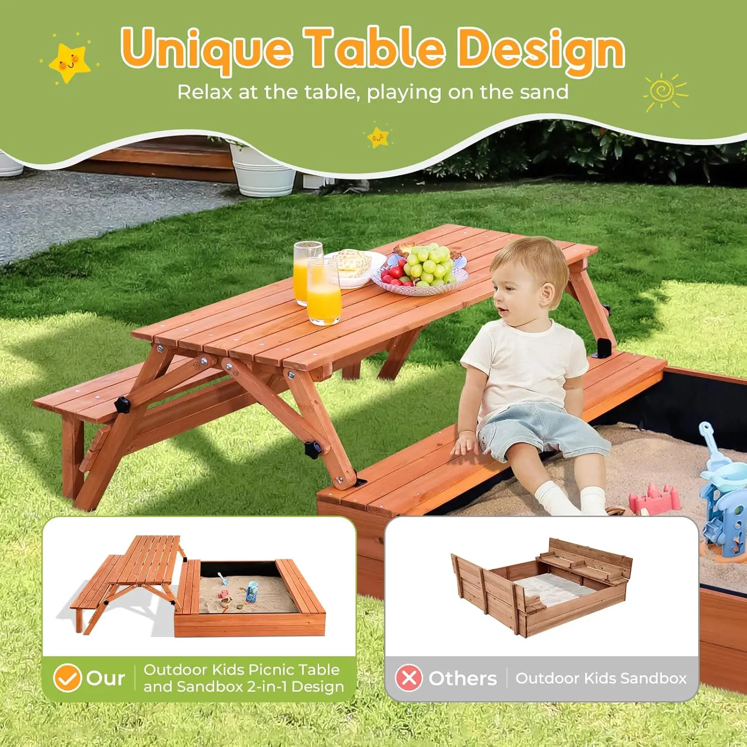 접이식 피크닉 테이블 및 좌석 포함 샌드박스, 뚜껑이 달린 나무 어린이 샌드박스, 어린이 모래 상자, 모래 보호 커버 포함, 어린이 Ou
