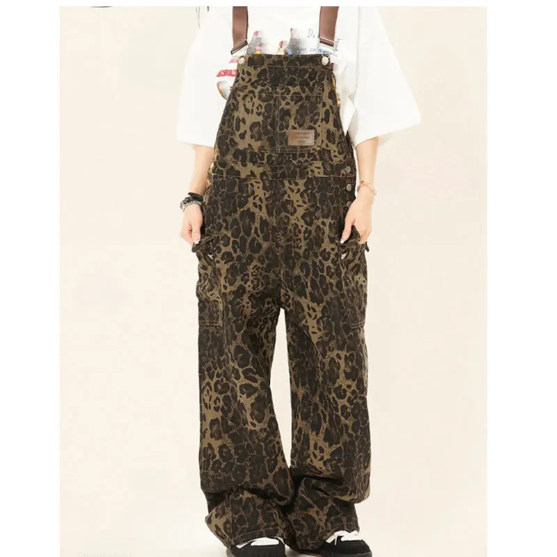 2025 Four Seasons New Retro Street Fashion Style Design Leopard Pattern Work Pants Loose Wide Leg Casual Versatile jumpsuit