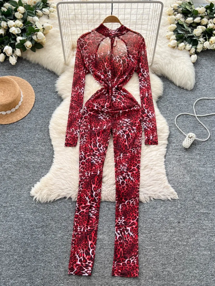

Foamlina Women's Sexy Chest Exposed Hollow Out Jumpsuit Slim Fit Long Sleeve Leopard Print Mesh Bodysuit Tight Hot Girl Pants