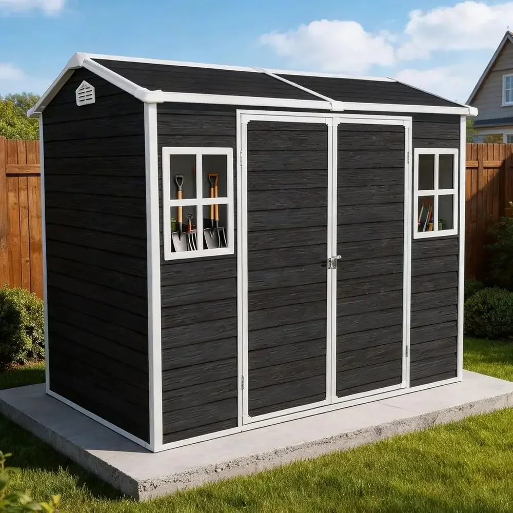 8x4 T-Shaped Resin Shed with Floor, 2 Windows, Lockable Door, Ideal for Outdoor Storage and Garden Tools (Black)
