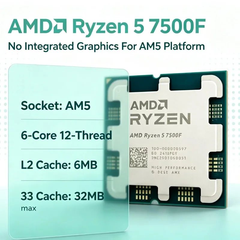 Motherboard Bundle CPU Ryzen 5 7500F Socket AM5 LGA 1718 3.7GHz 5.0GHz 32MB L3 No GPU Processor for AM5 Combo Deal