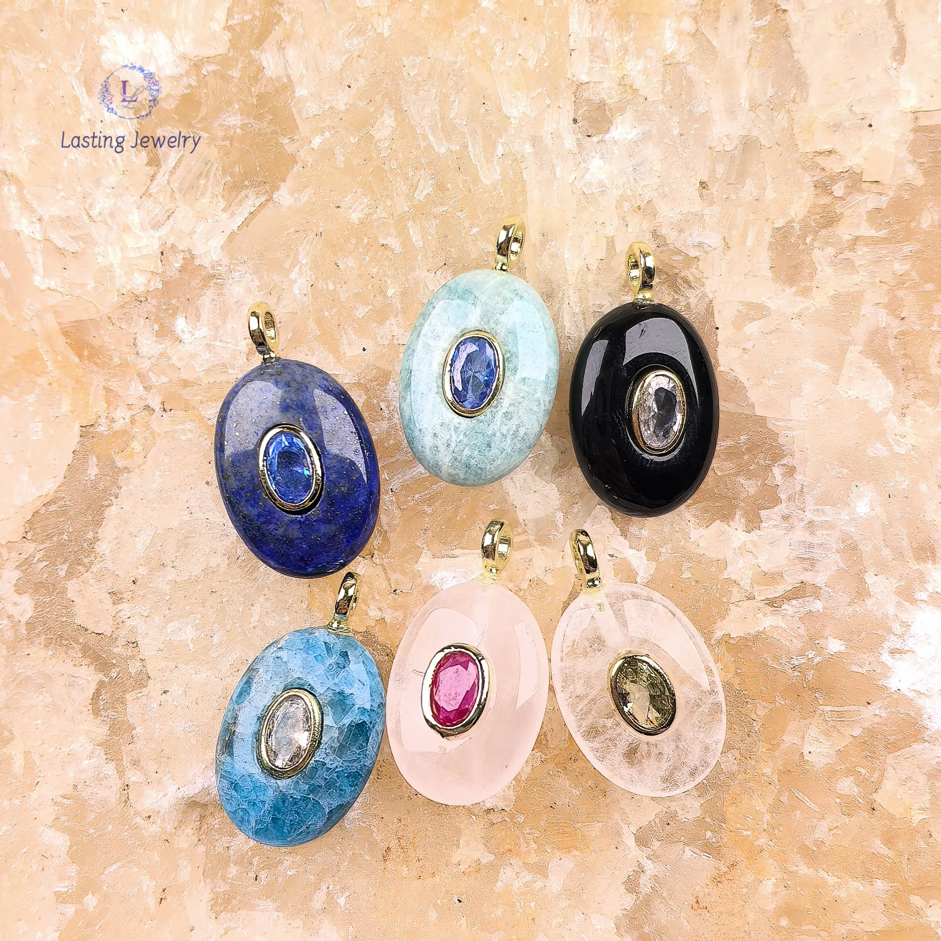 13x18mm Oval Gemstone Crystal With Inlaid Zircon Charms,Apatite Lapis Rose Quartz Obsidian Pendants For Necklace Jewelry Making