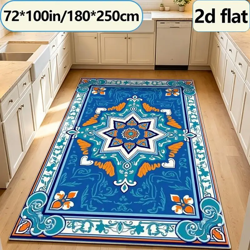 Bohemian Style Blue and Orange Star Mandala Carpet Floor Tile Retro Ethnic Floral Border Ornate Pattern Non-Slip Indoor Home Carpet
