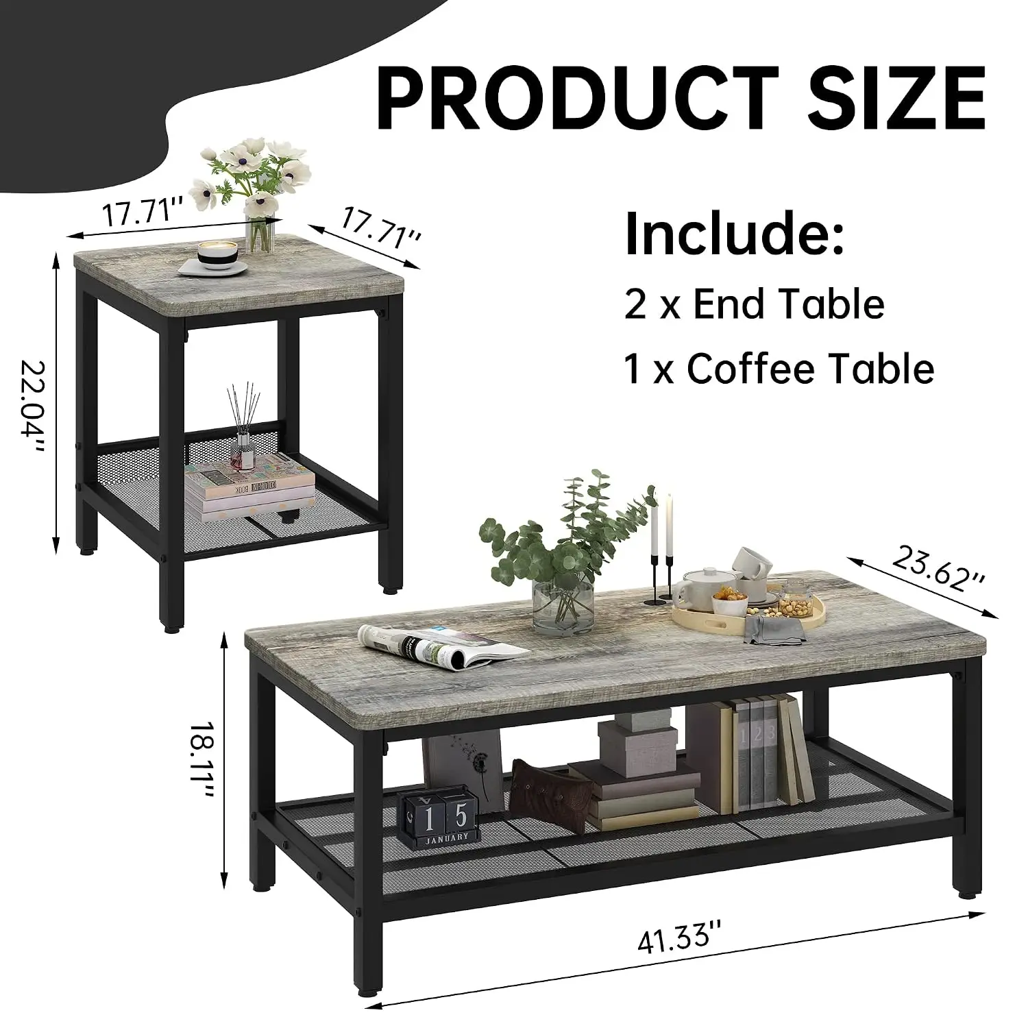 Coffee Table Set 3 Pieces with 2 Square End Side Tables Living Room Furniture, Customized