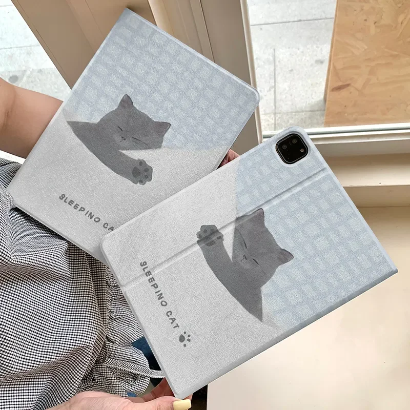 Blue Cartoon Plaid Goodnight Cat Luck For iPad Case iPad 11 Air 7 6 5 4 Pro 9 8 (A16) Cute Creative Book-Style Protective Cover