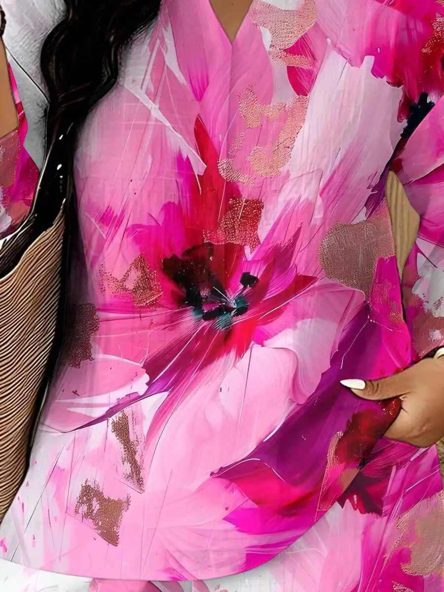 

Magenta Large Floral Print Womens Casual Two-Piece Set Summer Outfit
