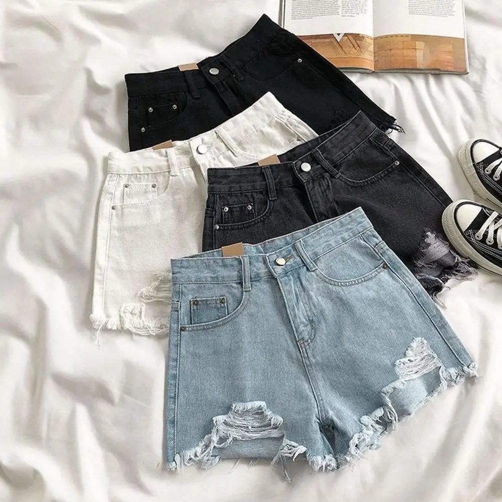 Korean Style Ripped Women Denim Shorts High Waist A-line Utton Zipper Closure Knee Length Ripped Jeans Summer Denim Shorts 80%