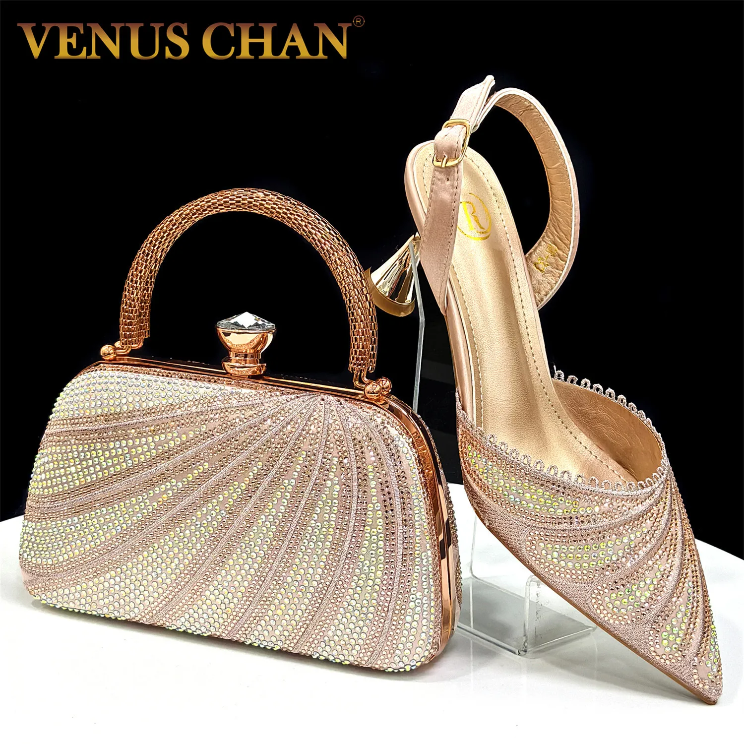 

Venus Chan 2025 Pink Color Pointed-Toe High Heels with Diamond Accents - Elegant Party Shoes & Matching Bag Set for Women