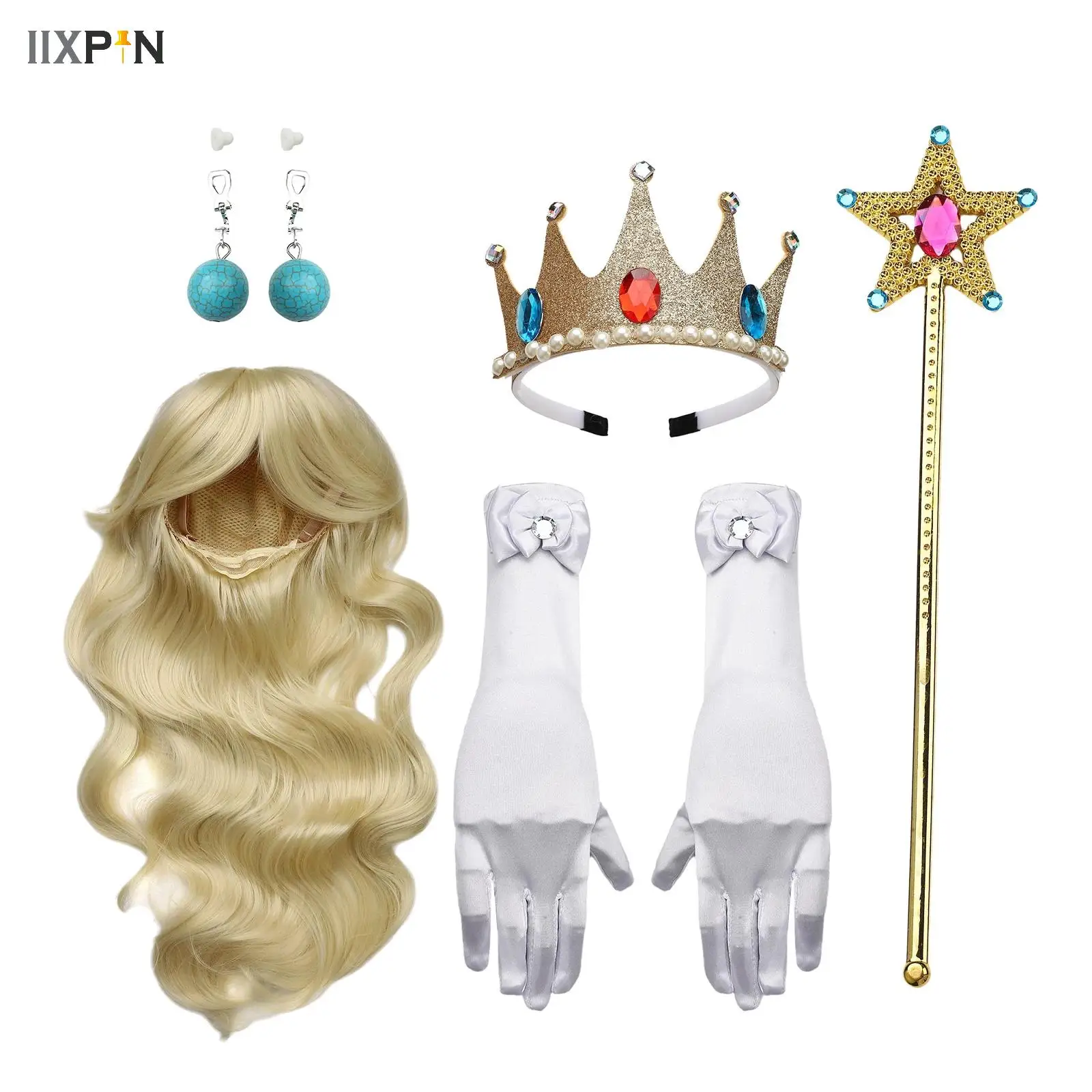 Royal Regal Queen Princess Dress Up Props Girls Gem Crown pelucas de pelo largo y rizado, varita de estrella, pendientes, conjunto de guantes, accesorio de disfraz