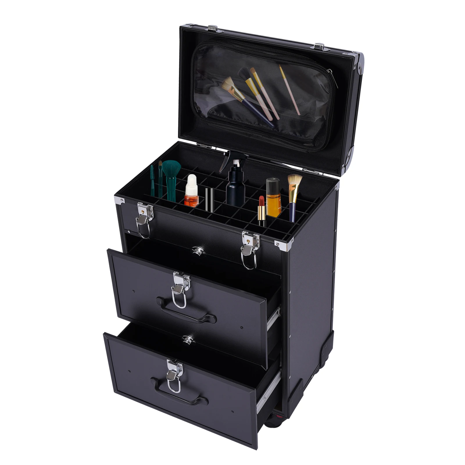 Rolling Makeup Case Large Cosmetic Trolley with Locks Cosmetics Storage Organizer Black