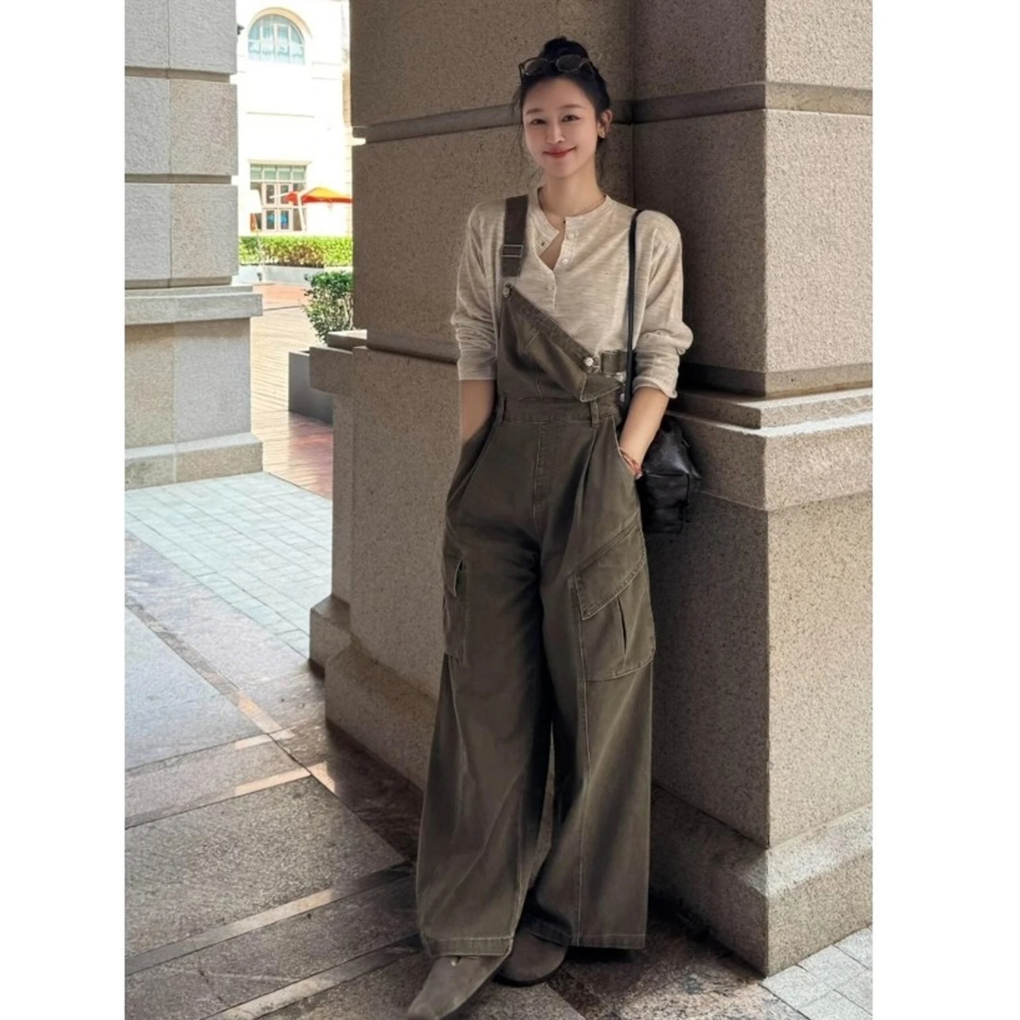 미국 레트로 워크웨어 슬레 여성 데님 오버롤 루즈 스트레이트 레그 와이드 레그 팬츠 하이 웨이스트 코튼 캐주얼 봄 가을