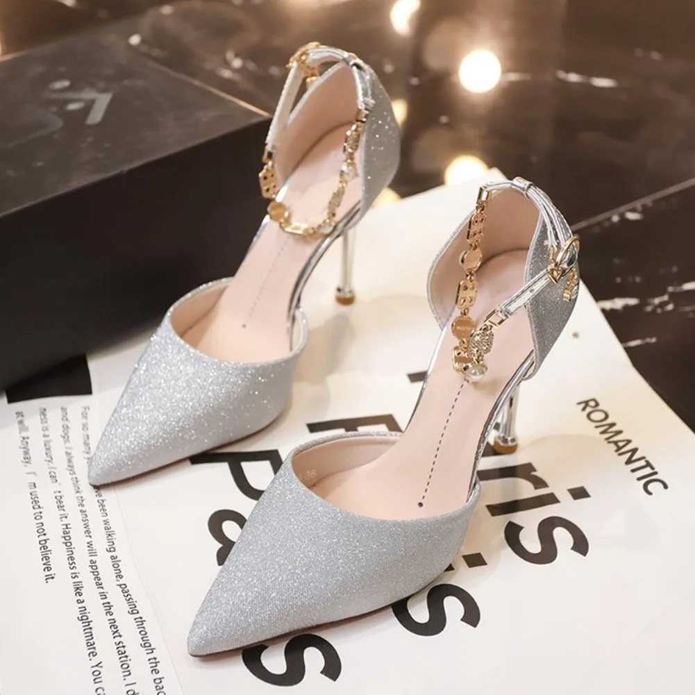 Silver Stiletto High Heel Party Wedding Shoes Women Fashion Ankle Beaded Buckle Pointed Toe Pumps Women Shallow Mouth Pumps view 4