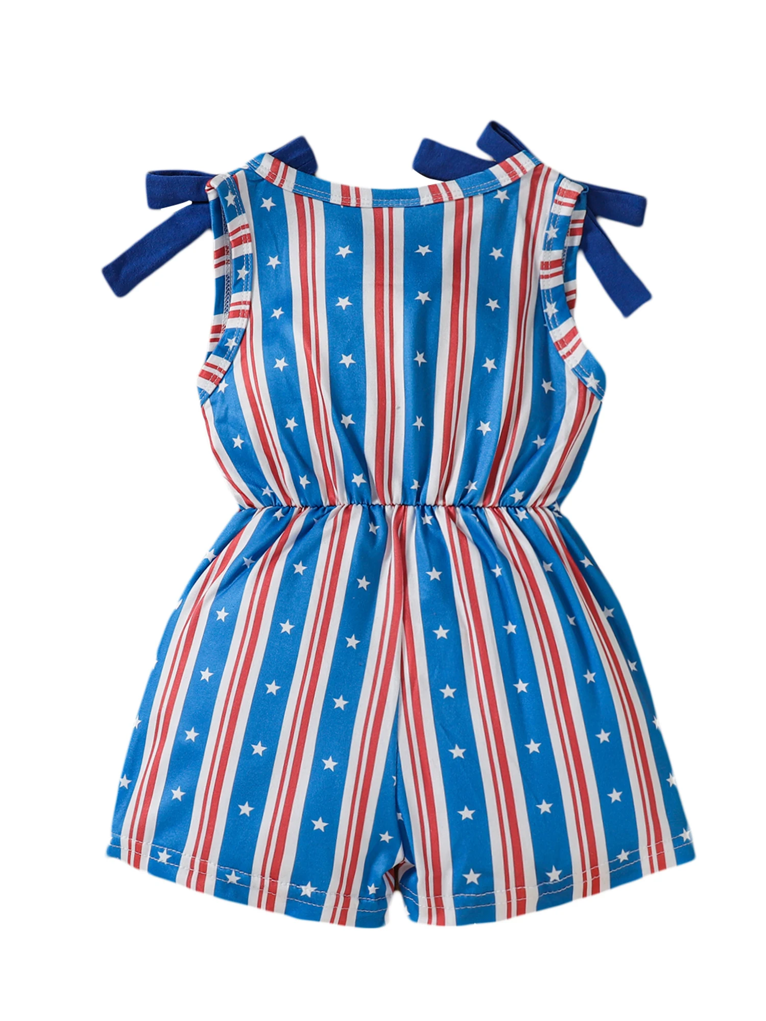 Girls Fourth of July Romper Patriotic Toddler Stars and Stripes Sleeveless Jumpsuit with Bow Detail and Siamese Pants