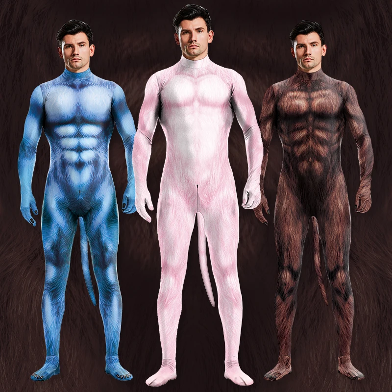 Zawaland-mono con estampado 3D de animales para hombre, traje de cuerpo entero, con cremallera y entrepierna, para fiesta de cola de perro, Zentai