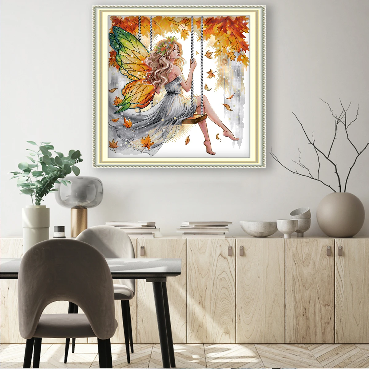

Joy Sunday Cross Stitch Swinging Butterfly Fairy HD Pattern Counted Printed Fabric Aida 16/14/11CT DIY Printed Embroidery
