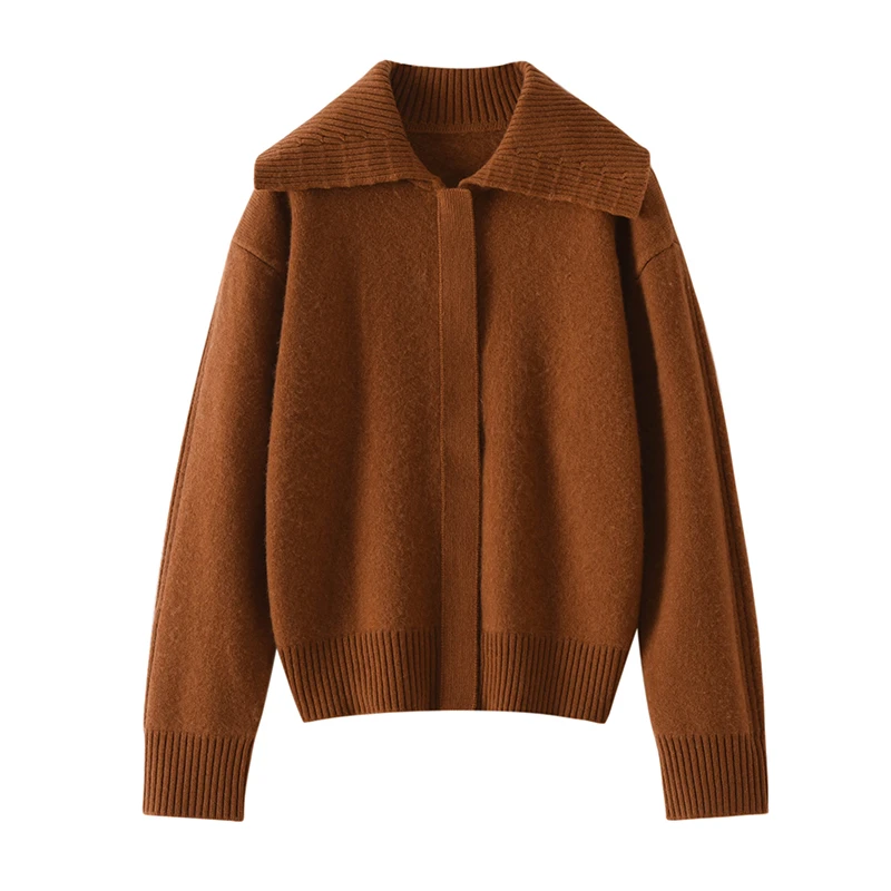 เสื้อคาร์ดิแกนแคชเมียร์แท้ 100% พร้อมปกพับสำหรับผู้หญิง เสื้อคาร์ดิแกนแบบมีซิป เสื้อโค้ททรงหลวม กระชับสัดส่วน หนา อุ่น