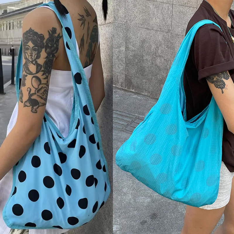 

Korean Polka Dot Shoulder Bag Fashion Versatile Large Blue Printed Handbag Niche Design New Reversible Canvas Underarm Women Bag
