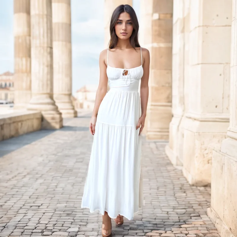 Moda w stylu vintage damska boho Midi sukienka jednokolorowy pasek Spaghetti wiązanie z odkrytymi plecami impreza plażowa sukienka trapezowa