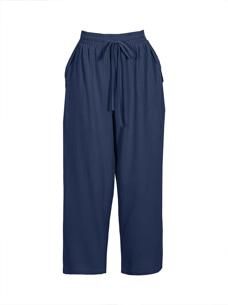Einfarbige Freizeithose mit Kordelzug und hoher Taille in Übergröße – Lässige Alltagshose, einfache Hose mit elastischem Bund – Detail 4