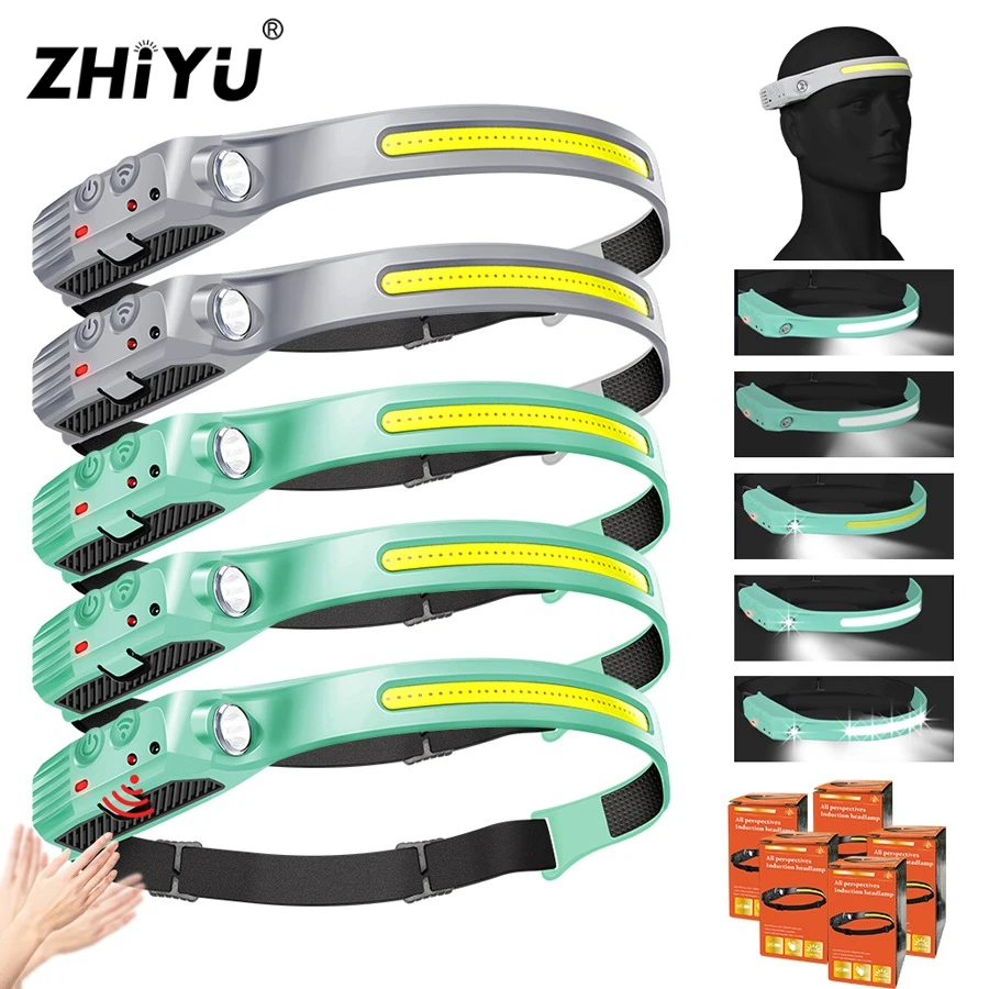 Linterna frontal con Sensor LED, batería integrada, recargable por USB, linterna frontal, luz de búsqueda para pesca y acampada, 1-5 uds.