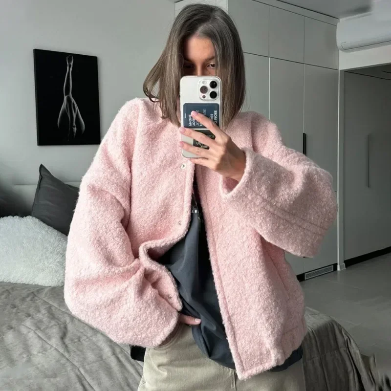 

Women's Pink Short Fur Jacket Autumn Loose Fashion Long Sleeve Jacket Top Casual Stand Collar Pocket Button Warm Jacket
