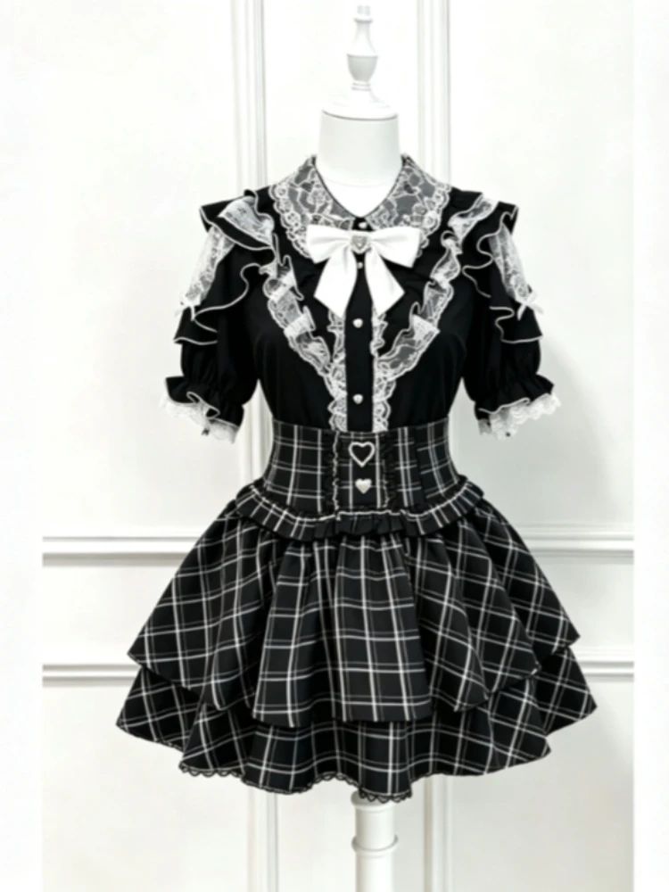 Japanischer Lolita 2-Teiliger Anzug Kawaii Süßes Hemd Hochgeschnittener Lieblicher Prinzessinnen-Minirock Damen Y2K Harajuku Outfit Mädchen Chic
