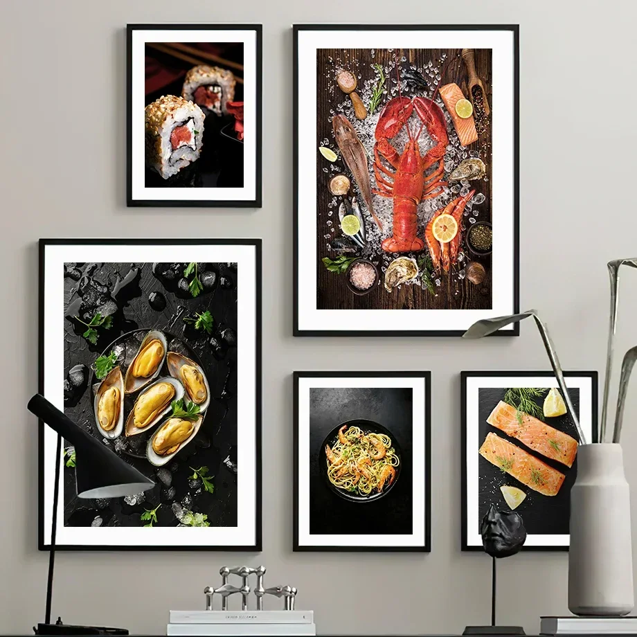 Multi-size 1PC frameless high-definition decorative paintings,Lobster Fish Oyster Salmon Sushi Seafood Cooking Wall Art Canvas P