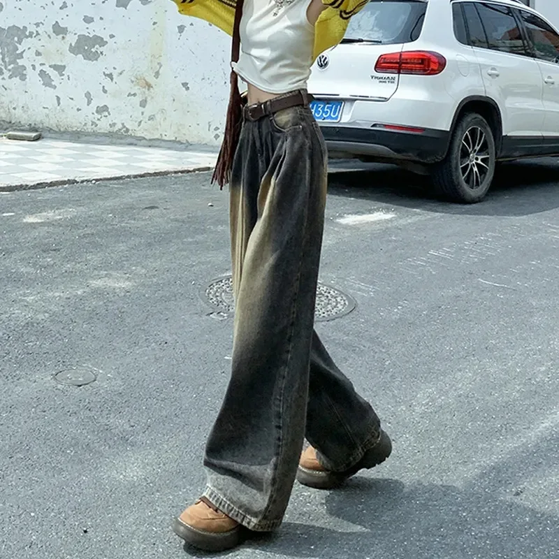 New Niche Retro Wash To Do Old High-waisted Straight Leg Skinny Jeans Women Fashion Casual Wide-leg Mop Trousers Long Pants