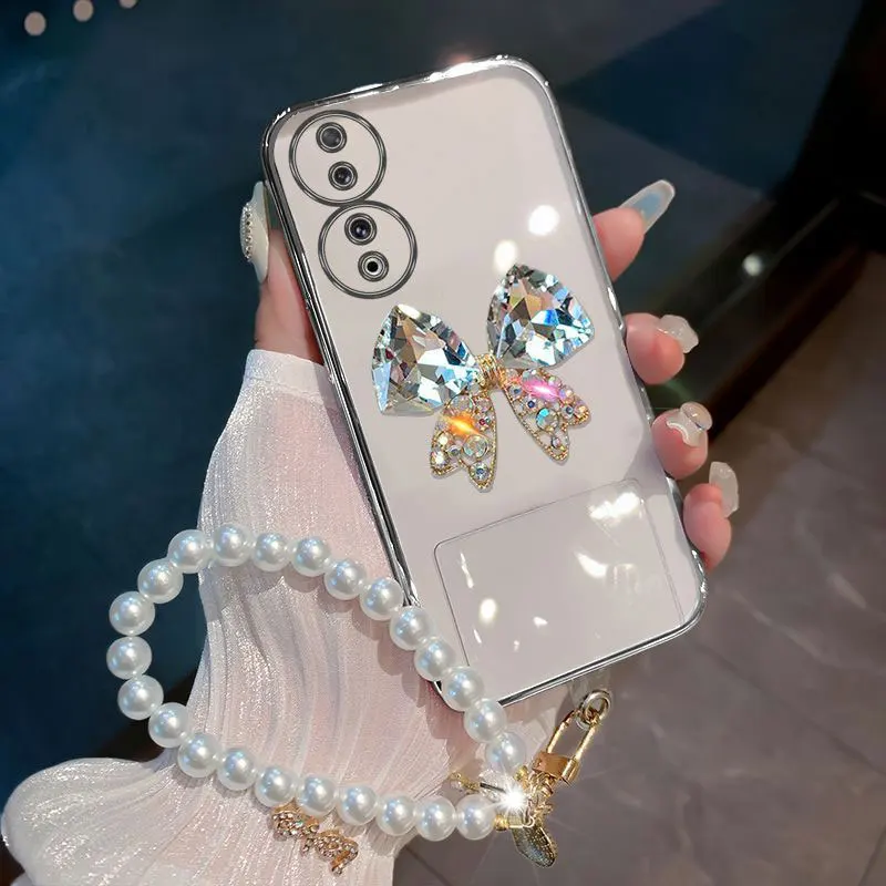 Honor 90 Case With Pearl Bracelet Butterfly Diamond Cover For Huawei Honor 90 Pro Lite Phone Case Luxury Shockproof TPU Coque