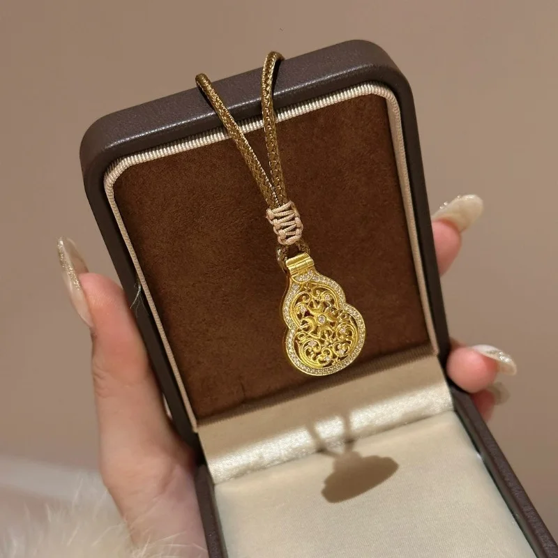 Retro ethnic style double-sided gourd woven rope necklace  openable Buddha statue antique gold crafts hollow out pendant jewelry view 4