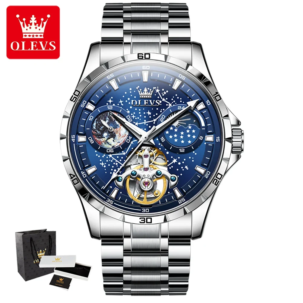

OLEVS 6689 Original Men's Watches Waterproof Luminous Skeleton Starry Sky Automatic Mechanical Wristwatches Moon Phase Man Watch